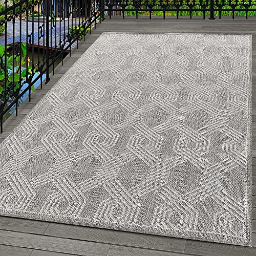 Carpetsale24 In- & Outdoor Teppich 160x230 cm, Wetterfest & Robust, Flachgewebe mit Modernem Geometrisch-Design in Grau & Creme, Rechteckig für Terrasse, Balkon, Küche, Bad & Wohnzimmer von Carpetsale24