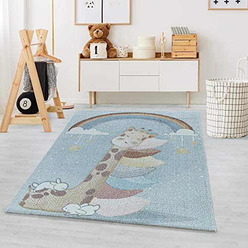 Carpetsale24 Kinderteppich, Regenbogen und Giraffe Design Kinderzimmer Teppich, Rechteckig, PastellFarbe, Fußbodenheizung geeignet und Pflegeleicht, für Babyzimmer, Spielzimmer, Größe:120 x 170 cm von Carpetsale24