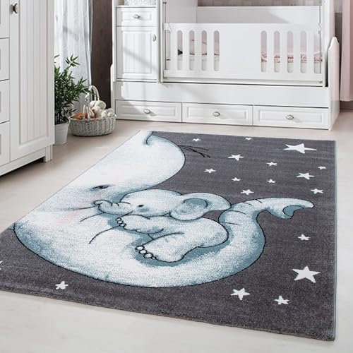 Carpetsale24 Kinderteppich Elefantenfreunde Blau 200x290 cm – XXL Spielteppich – Weiche Oberfläche & Sanftes Farbkonzept von Carpetsale24