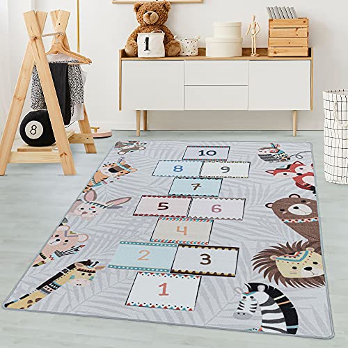 Carpetsale24 Kinderteppich Indianer Tiere mit Hüpfkästchen Design Grau 100 x 150 cm - Kurzflor Teppich Kinderzimmer für Jungen & Mädchen Pflegeleicht - Waschbar Spielteppich Babyzimmer Babyteppich von Carpetsale24
