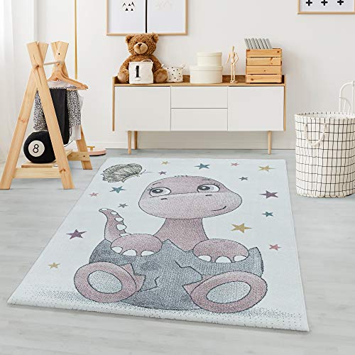 Carpetsale24 Kinderteppich Baby Dinosaurier Design Pastellfarben Creme und Pink 200 x 290 cm - Kurzflor Teppich Kinderzimmer Spielteppich Babyteppich für Junge und Mädchen Extra Weich Antiallergen von Carpetsale24