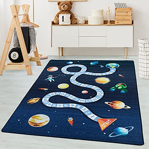 Carpetsale24 Kinderteppich Lernmatte Zahlen mit Weltraum Design Marineblau 160 x 230 cm - Kurzflor Teppich Kinderzimmer für Jungen & Mädchen Pflegeleicht Waschbar Spielteppich Babyzimmer Babyteppich von Carpetsale24