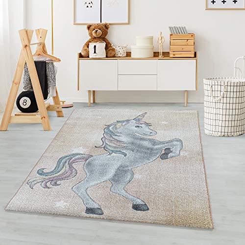 Carpetsale24 Kinderteppich Modern Einhorn Design Pastellfarben Gelb 160 x 230 cm - Kurzflor Teppich Kinderzimmer Spielteppich Babyteppich für Junge und Mädchen Extra Weich und Antiallergen Rechteckig von Carpetsale24