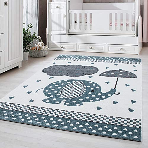 Carpetsale24 Kinderteppich Modern Elefant-Design Blau 160 x 230 cm - Kurzflor Teppich Kinderzimmer Waschbarer Babyteppich Spielteppich für Junge und Mädchen Extra Weich und Antiallergen Rechteckig von Carpetsale24