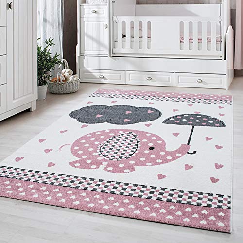Carpetsale24 Kinderteppich Modern Elefant-Design Pink 120 x 170 cm - Kurzflor Teppich Kinderzimmer Waschbarer Babyteppich Spielteppich für Junge und Mädchen Extra Weich und Antiallergen Rechteckig von Carpetsale24