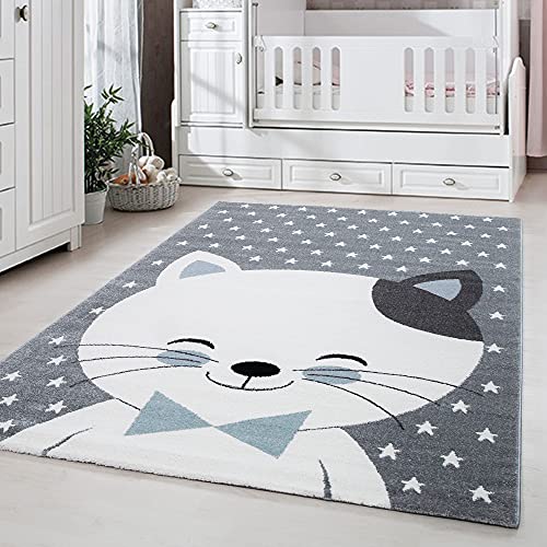 Carpetsale24 Kinderteppich Modern Niedliches Katze Design Blau 160 x 230 cm - Kurzflor Teppich Kinderzimmer Waschbarer Babyteppich Spielteppich für Junge und Mädchen Weich und Antiallergen Rechteckig von Carpetsale24