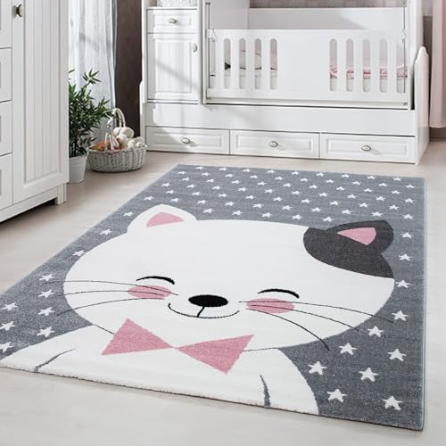 Carpetsale24 Kinderteppich Modern Niedliches Katze Design Pink 120 x 170 cm - Kurzflor Teppich Kinderzimmer Waschbarer Babyteppich Spielteppich für Junge und Mädchen Weich und Antiallergen Rechteckig von Carpetsale24