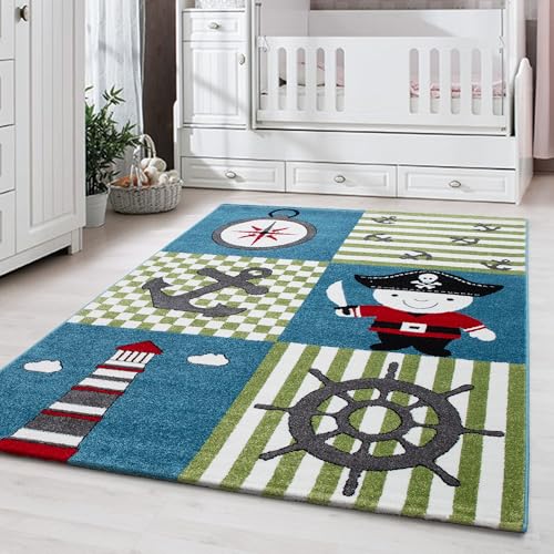 Carpetsale24 Kinderteppich Modern Piraten-Design Multicolor 120 cm Rund - Kurzflor Teppich Kinderzimmer Waschbarer Babyteppich Spielteppich für Junge und Mädchen Extra Weich und Antiallergen Runder von Carpetsale24