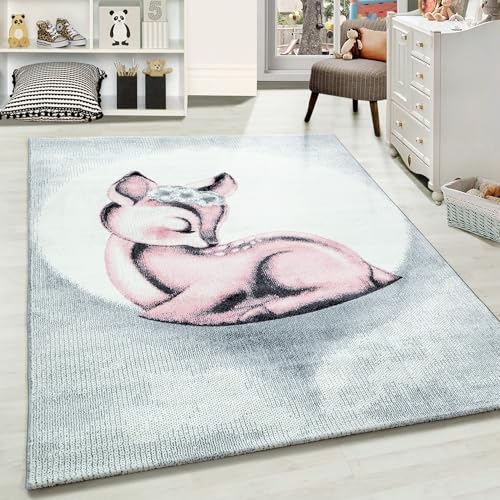 Carpetsale24 Kinderteppich Modern Rehkitz Design Pink und Grau 200 x 290 cm - Kurzflor Teppich Kinderzimmer Waschbarer Spielteppich Babyteppich für Junge und Mädchen Weich und Antiallergen Rechteckig von Carpetsale24