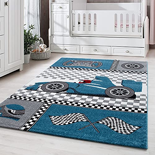 Carpetsale24 Kinderteppich Modern Rennwagen Blau 160 x 230 cm - Kurzflor Teppich Kinderzimmer Waschbarer Babyteppich Spielteppich für Junge und Mädchen Extra Weich und Antiallergen Rechteckig von Carpetsale24