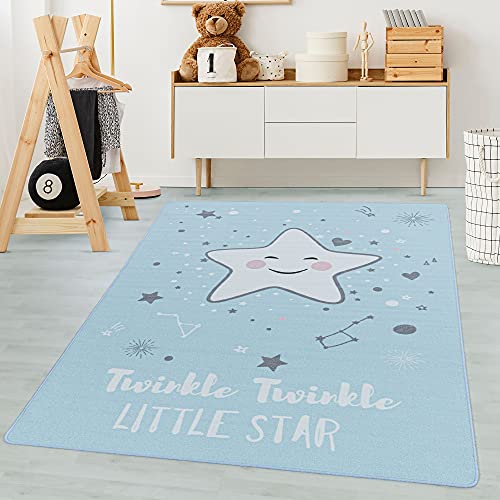 Carpetsale24 Kinderteppich Modern Sterne-Design Blau 140 x 200 cm - Kurzflor Teppich Kinderzimmer Waschbarer Spielteppich Babyteppich für Jungen und Mädchen Extra Weich und Antiallergen Rechteckig von Carpetsale24