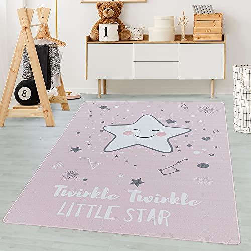 Carpetsale24 Kinderteppich Modern Sterne-Design Pink 140 x 200 cm - Kurzflor Teppich Kinderzimmer Waschbarer Spielteppich Babyteppich für Jungen und Mädchen Extra Weich und Antiallergen Rechteckig von Carpetsale24