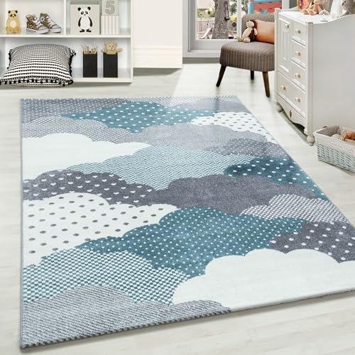 Carpetsale24 Kinderteppich Modern Wolken Design Blau und Grau 120 cm Rund - Kurzflor Teppich Kinderzimmer Waschbarer Spielteppich Babyteppich für Junge und Mädchen Extra Weich und Antiallergen Runder von Carpetsale24