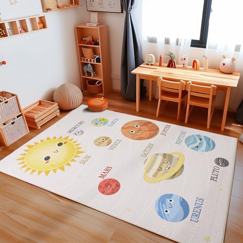 Carpetsale24 Kinderteppich Planeten Muster Jungen und Mädchen Babyzimmer Teppich Kinderzimmer Beige Teppich, Maße:140 x 200 cm, Farbe:Beige von Carpetsale24