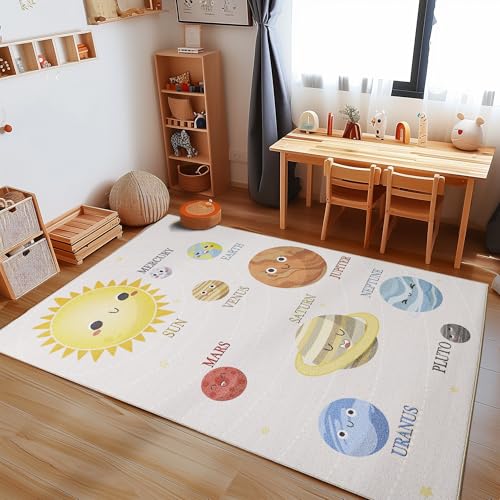 Carpetsale24 Kinderteppich Planeten Muster Jungen und Mädchen Babyzimmer Teppich Kinderzimmer Beige Teppich, Maße:140 x 200 cm, Farbe:Beige von Carpetsale24