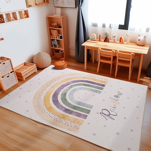 Carpetsale24 Kinderteppich Regenbogen Muster Jungen-Mädchen Babyzimmer Teppich Kinderzimmer Creme Teppich, Maße:100 x 150 cm, Farbe:Creme von Carpetsale24