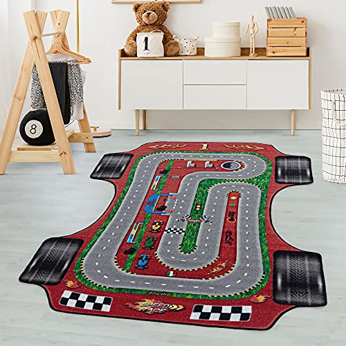 Carpetsale24 Kinderteppich Rennstrecke Rennauto Design Sonderform Rot 100 x 150 cm - Kurzflor Teppich Kinderzimmer für Jungen & Mädchen Pflegeleicht - Waschbar Spielteppich Babyzimmer Babyteppich von Carpetsale24