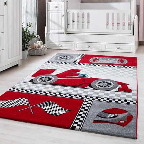 Carpetsale24 Kinderteppich Modern Rennwagen Rot 120 x 170 cm - Kurzflor Teppich Kinderzimmer Waschbarer Babyteppich Spielteppich für Junge und Mädchen Extra Weich und Antiallergen Rechteckig von Carpetsale24