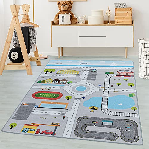 Carpetsale24 Kinderteppich Straßenteppich Lernen und Spielen Grau 120 x 170 cm - Kurzflor Teppich Kinderzimmer für Jungen und Mädchen Pflegeleicht - Waschbar Spielteppich Babyzimmer Babyteppich von Carpetsale24