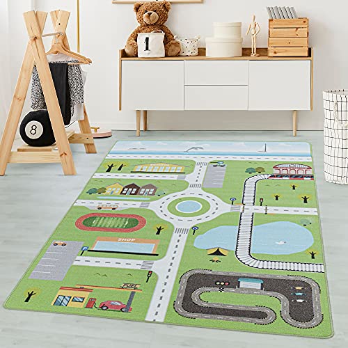 Carpetsale24 Kinderteppich Straßenteppich Lernen und Spielen Grün 100 x 150 cm - Kurzflor Teppich Kinderzimmer für Jungen und Mädchen Pflegeleicht - Waschbar Spielteppich Babyzimmer Babyteppich von Carpetsale24