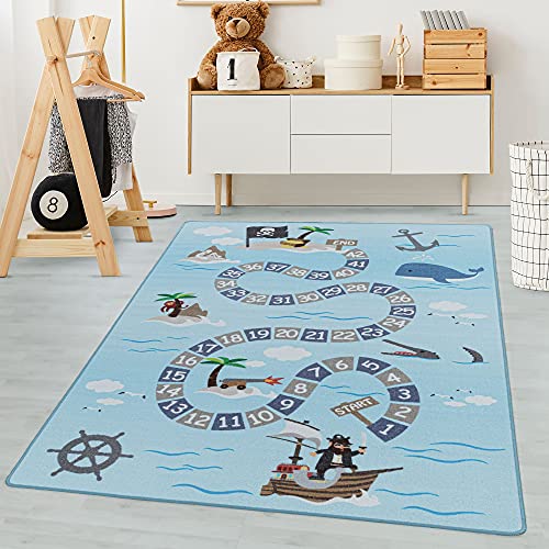 Carpetsale24 Kinderteppich Modern Piraten-Design Blau 100 x 150 cm - Kurzflor Teppich Kinderzimmer Waschbarer Spielteppich Babyteppich für Jungen und Mädchen Extra Weich und Antiallergen Rechteckig von Carpetsale24