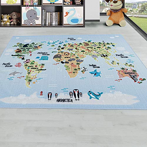 Carpetsale24 Kinderteppich Weltkarte mit Tieren Design Blau 80 x 120 cm Läufer - Kurzflor Teppich Kinderzimmer für Jungen und Mädchen Weich Pflegeleicht - Waschbar Spielteppich Babyzimmer Babyteppich von Carpetsale24