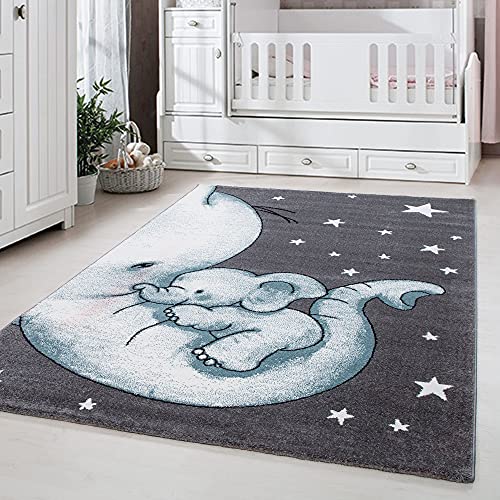 Carpetsale24 Kinderteppich niedliches Elefant Muster Grau und Blau 160 x 230 cm - Kurzflor Teppich Kinderzimmer für Junge und Mädchen Weich Pflegeleicht - Waschbar Spielteppich Babyzimmer Babyteppich von Carpetsale24
