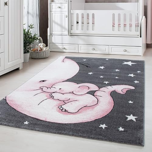 Carpetsale24 Kinderteppich niedliches Elefant Muster Grau und Pink 140 x 200 cm - Kurzflor Teppich Kinderzimmer für Junge und Mädchen Weich Pflegeleicht - Waschbar Spielteppich Babyzimmer Babyteppich von Carpetsale24