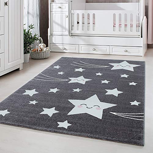 Carpetsale24 Kinderteppich süßes Stern Muster Grau und Creme 140 x 200 cm - Kurzflor Teppich Kinderzimmer für Jungen und Mädchen Weich und Pflegeleicht - Waschbar Spielteppich Babyzimmer Babyteppich von Carpetsale24