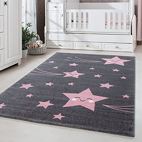 Carpetsale24 Kinderteppich süßes Stern Muster Grau und Pink 120 x 170 cm - Kurzflor Teppich Kinderzimmer für Jungen und Mädchen Weich und Pflegeleicht - Waschbar Spielteppich Babyzimmer Babyteppich von Carpetsale24
