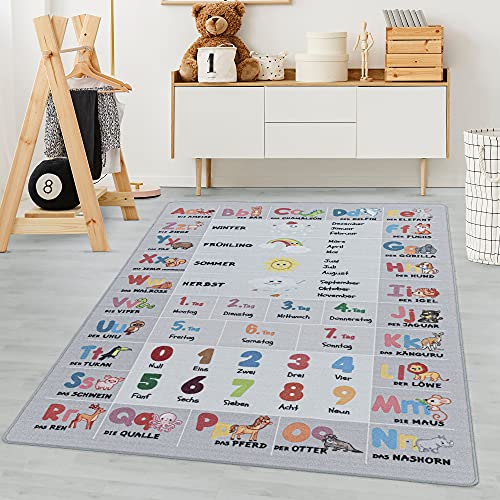 Carpetsale24 Kinderteppich Lernenmatte Alphabet-Buchstaben Zahlen-Tier Design Grau 100 x 150 cm - Kurzflor Teppich Kinderzimmer für Jungen und Mädchen - Waschbar Spielteppich Babyzimmer Babyteppich von Carpetsale24