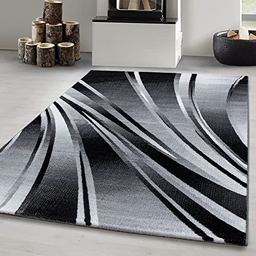 Carpetsale24 Teppich Wohnzimmer Moderne Abstrakt Wellen Design Schwarz - Grau - Weiß 200 x 290 cm - Kurzflor Teppich Schlafzimmer Pflegeleicht Extra Weich - Flauschig Teppich Waschbar Esszimmer Küche von Carpetsale24