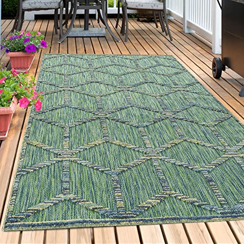 Carpetsale24 Outdoor Teppich Modern, Rauten Skandi Ethno Muster 3D Optik, Rechteckig, Grün Farbe, Hoch-Tief Effekt, Wetterfest, für Balkon, Garten, Terasse, Küche, Größe: 120 x 170 cm von Carpetsale24