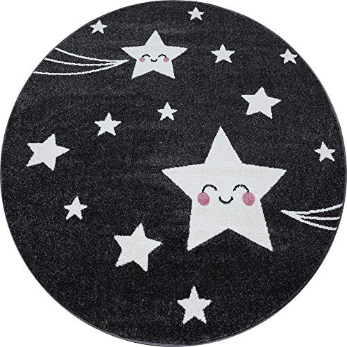Carpetsale24 Runder Kinderteppich Sterne Ø120 cm – Niedliches Muster in Grau – Weich & Ideal fürs Spielzimmer von Carpetsale24