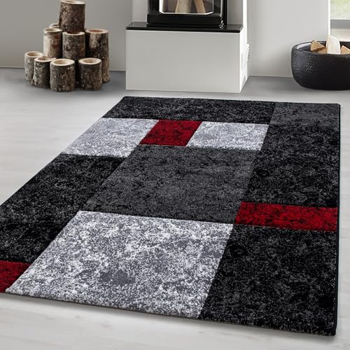 Carpetsale24 Teppich 280x370 cm – XXL Kurzflor Konturenschnitt in Schwarz Grau Rot – Kariertes Design, Extra Weich, Pflegeleicht, Waschbar – Für Großes Wohnzimmer oder Esszimmer von Carpetsale24
