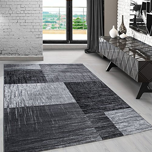 Carpetsale24 Teppich Wohnzimmer Abstrakt Kariert Design Schwarz Meliert 200 x 290 cm - Kurzflor Schlafzimmer Pflegeleicht und Extra Weich - Für Küche Esszimmer Kinderzimmer Rechteckig von Carpetsale24