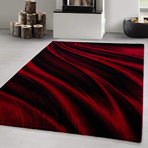 Carpetsale24 Kurzflor Teppich 240x340 cm, Modern Abstrakt Wellen Design in Rot Schwarz, Pflegeleicht, ideal für große Wohnräume, Loftbereiche oder Konferenzzimmer von Carpetsale24