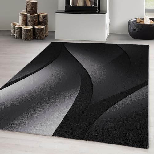 Carpetsale24 Teppich Wohnzimmer Abstrakten Wellen Design Schwarz Meliert 160 x 230 cm - Kurzflor Schlafzimmer Pflegeleicht Extra Weich - für Küche Esszimmer Kinderzimmer Rechteckig von Carpetsale24