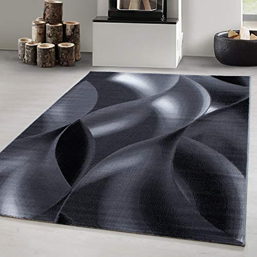 Carpetsale24 Teppich 160x230 cm Schwarz Kurzflor Abstrakt Wellen Design Moderner Teppich für Wohnzimmer Schlafzimmer Flur Küche Esszimmer Kinderzimmer Pflegeleicht Weich von Carpetsale24