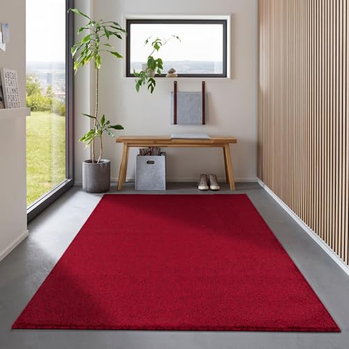 Carpetsale24 Läufer Teppich 60x100 cm Rot, Kurzflor, Einfarbig, Modern, Rechteckig, rutschfest, Pflegeleicht, Flurteppich für Küche, Eingang, Wohnbereich von Carpetsale24