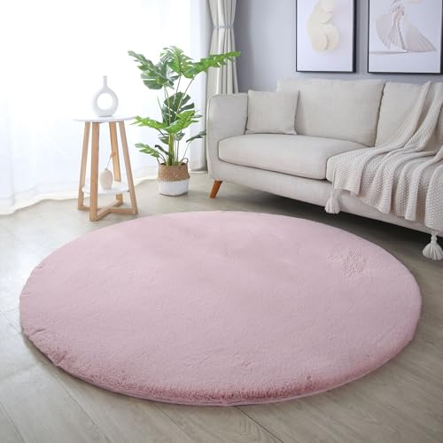 Carpetsale24 Rabbit Hochflor Teppich Rund 160 cm Rosa Shaggy Modern Flauschig Weich Fellteppich Kunstfell Einfarbig für Wohnzimmer Schlafzimmer Esszimmer von Carpetsale24