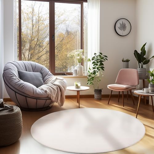 Carpetsale24 Wohnzimmer Teppich Einfarbig Moderne Design Creme 120 cm Rund - Rutschfest Kurzflor für Schlafzimmer Extra Weich und Flauschig - Waschbar Esszimmer Küche von Carpetsale24