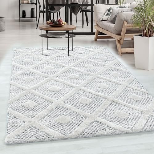Carpetsale24 Teppich Wohnzimmer Hoch-Tief Effekt 3D Kariert Design Grau 140 x 200 cm - Hochflor Teppich Schlafzimmer Rauten-Boho Teppich Pflegeleicht und Weich - Elegante Teppiche für Küche Esszimmer von Carpetsale24