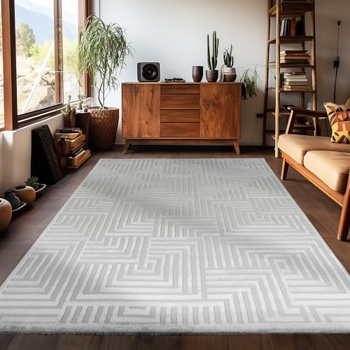 Carpetsale24 Teppich Wohnzimmer Kurzflor 120 x 170 cm Flauschiger Teppich Silber Moderne Geometrisch Design - Teppiche Schlafzimmer Esszimmer Küche Extra Weich 3D Teppich - Wohnzimmerteppich Waschbar von Carpetsale24