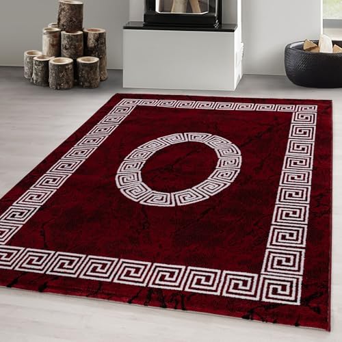 Carpetsale24 Teppich Wohnzimmer Marmor Optik mit Mäander Bordüre Muster Rot Meliert 140 x 200 cm - Kurzflor Teppich Schlafzimmer Pflegeleicht und Extra Weich von Carpetsale24