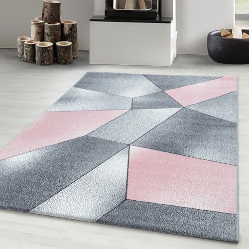 Carpetsale24 Designer Teppich Modern Abstrakt Gemustert – Grau und Pink – Wohnzimmerteppich für modernen Stil und Komfort, Größe 120x170 cm – Pflegeleicht, Weicher Flor, Ideal für Wohnzimmer von Carpetsale24