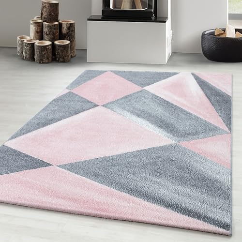 Carpetsale24 Designer Teppich Modern Abstrakt Gemustert – Pink und Grau – Wohnzimmerteppich für modernen Stil und Komfort, Größe 140x200 cm – Pflegeleicht, Weicher Flor, Ideal für Wohnzimmer von Carpetsale24