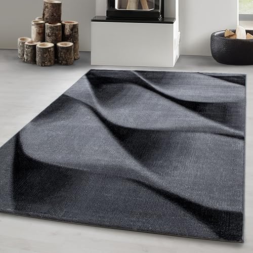 Carpetsale24 Teppich Wohnzimmer Moderne Abstrakt Wellen Design Schwarz-Grau 80 x 150 cm - Kurzflor Schlafzimmer Pflegeleicht Weich - Flauschiger Waschbar Esszimmer Küche Läufer Flur von Carpetsale24