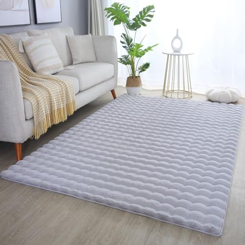 Carpetsale24 Teppich 160x230 cm Silber, Flauschiger Teppich in Felloptik mit Hoch-Tief Struktur & Bubble-Design, Super Weich, Plüschig, Ideal für Wohnzimmer & Schlafzimmer von Carpetsale24