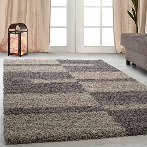 Carpetsale24 Hochflor Teppich 240 x 340 cm Taupe-Beige – Weicher Shaggy Flokati im Karierten Design – XL Wohnteppich für große Räume wie Wohnzimmer, Essbereich oder Schlafzimmer – Pflegeleicht von Carpetsale24